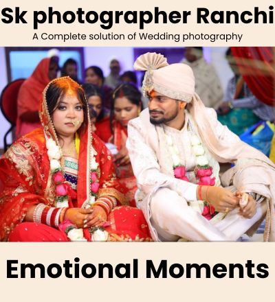 "Emotional Indian wedding ceremony moment with bride and groom, traditional attire, candid expression captured by SK Photographer Ranchi."