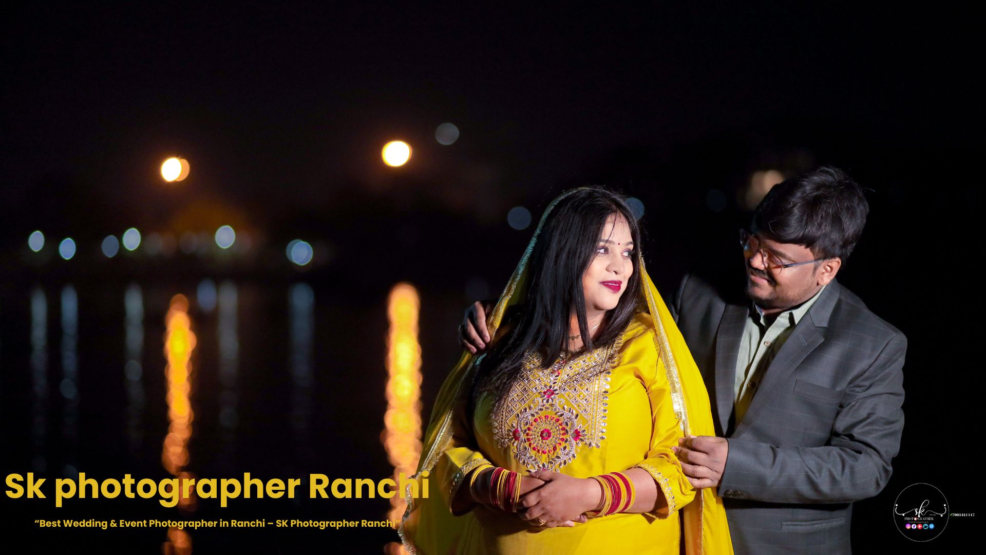 Romantic couple posing at night with lake reflections, captured by Sk photographer Ranchi best Prewedding Photographer in Ranchi.
