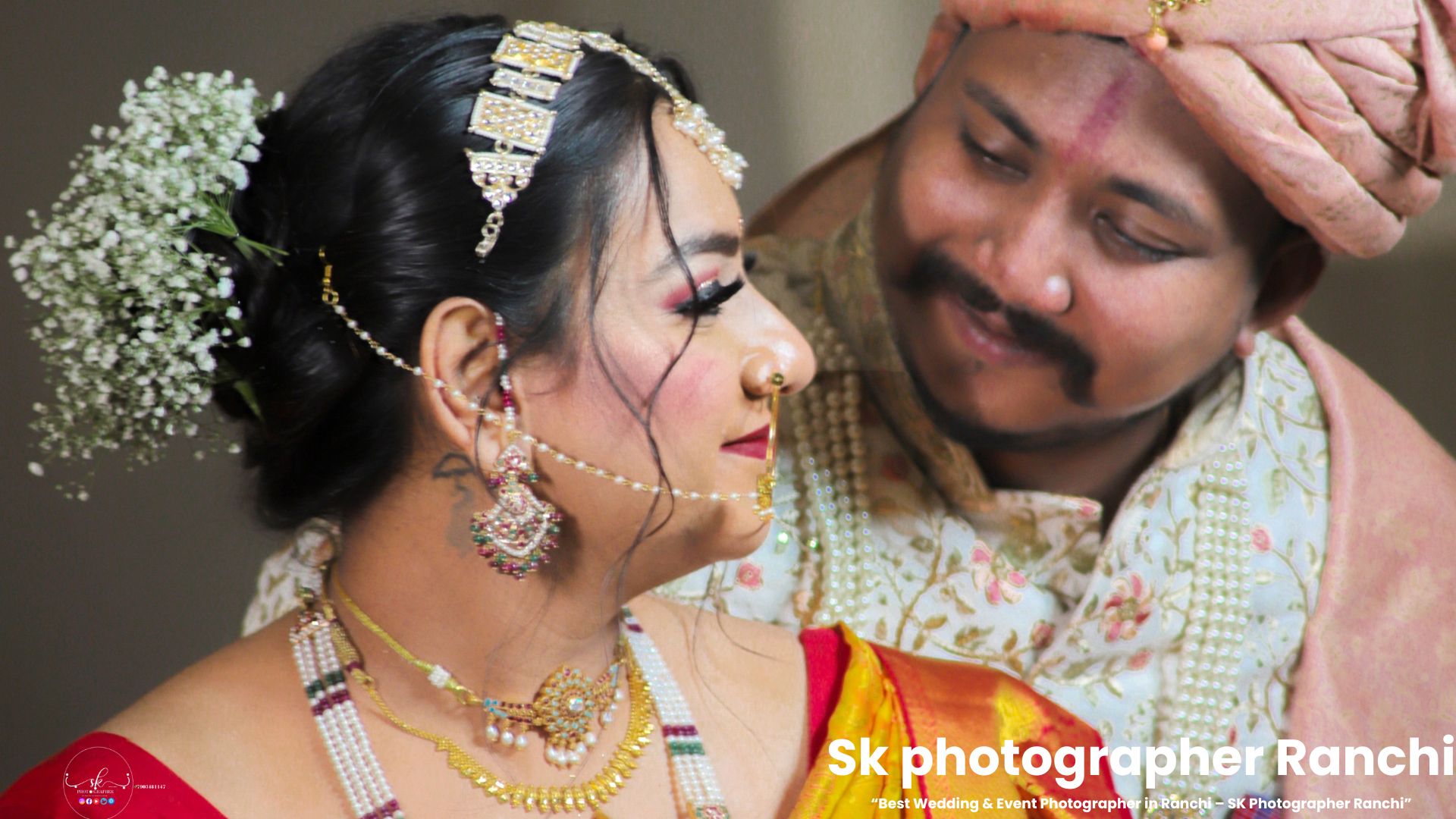 Candid close-up bridal moment with groom smiling lovingly, captured by a Wedding Photographer in Ranchi.